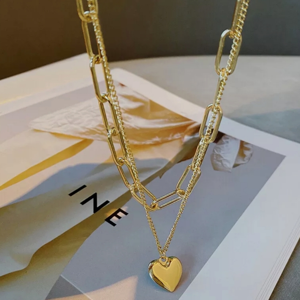 Double Layer Women Jewelry Gold Heart Charms Pendant Necklace New - Picture 6 of 11